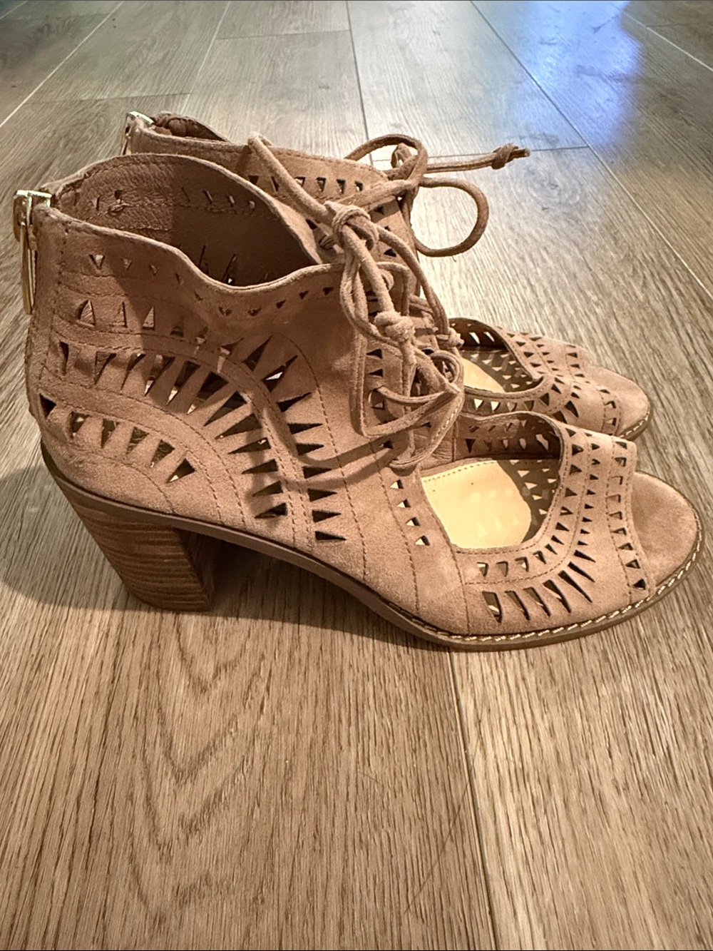 Vince Camuto Taupe Laser-Cut Lace-Up Block Heel Sandals